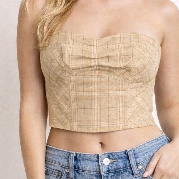 Free People Tops - Free People Tan Plaid Strapless Corset Tube Top Smocked Back Size 4